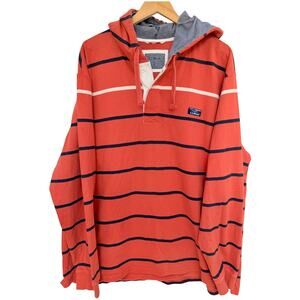 LL Bean Hoodie Mens XL Orange Striped Pullover Rugby Hooded Long Sleeve Casual